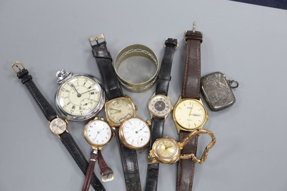 Five assorted 9ct gold wrist watches including Tavannes, two other watches, a pocket watch etc.
